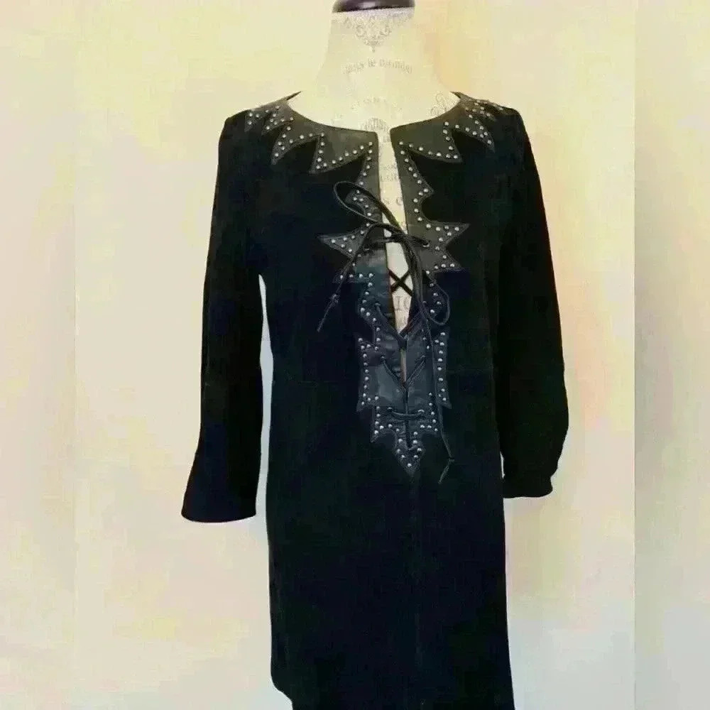 Zadig & Voltaire Dress Black Suede With Leather And Studded Trim- Size L - Picture 2 of 13